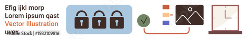 Data protection, cybersecurity tools, secure access, visual content management, image approval, verification process. Padlocks, image verification icons and process flow. Data protection