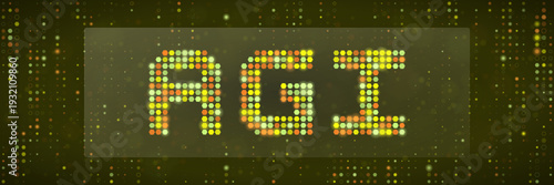 AGI Artificial General Intelligence text made of glowing dots for future technology and data science