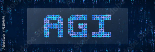 AGI Artificial General Intelligence concept with glowing blue pixelated letters on dark data background