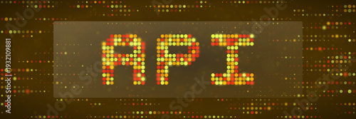 Abstract API text with glowing orange dots for cybersecurity monitoring and software data integration