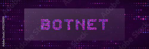 IoT botnet malware infection concept with pixelated text on dark purple digital background