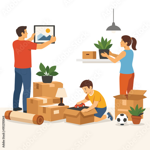 Family unpacking and organizing their new home