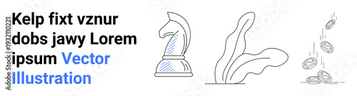Strategic thinking, financial growth, creativity, investment, decision-making, abstract concepts. Chess knight, decorative leaves and coins illustrated in minimal line art. Strategic thinking