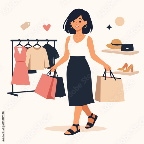 Woman shopping with bags and clothing display
