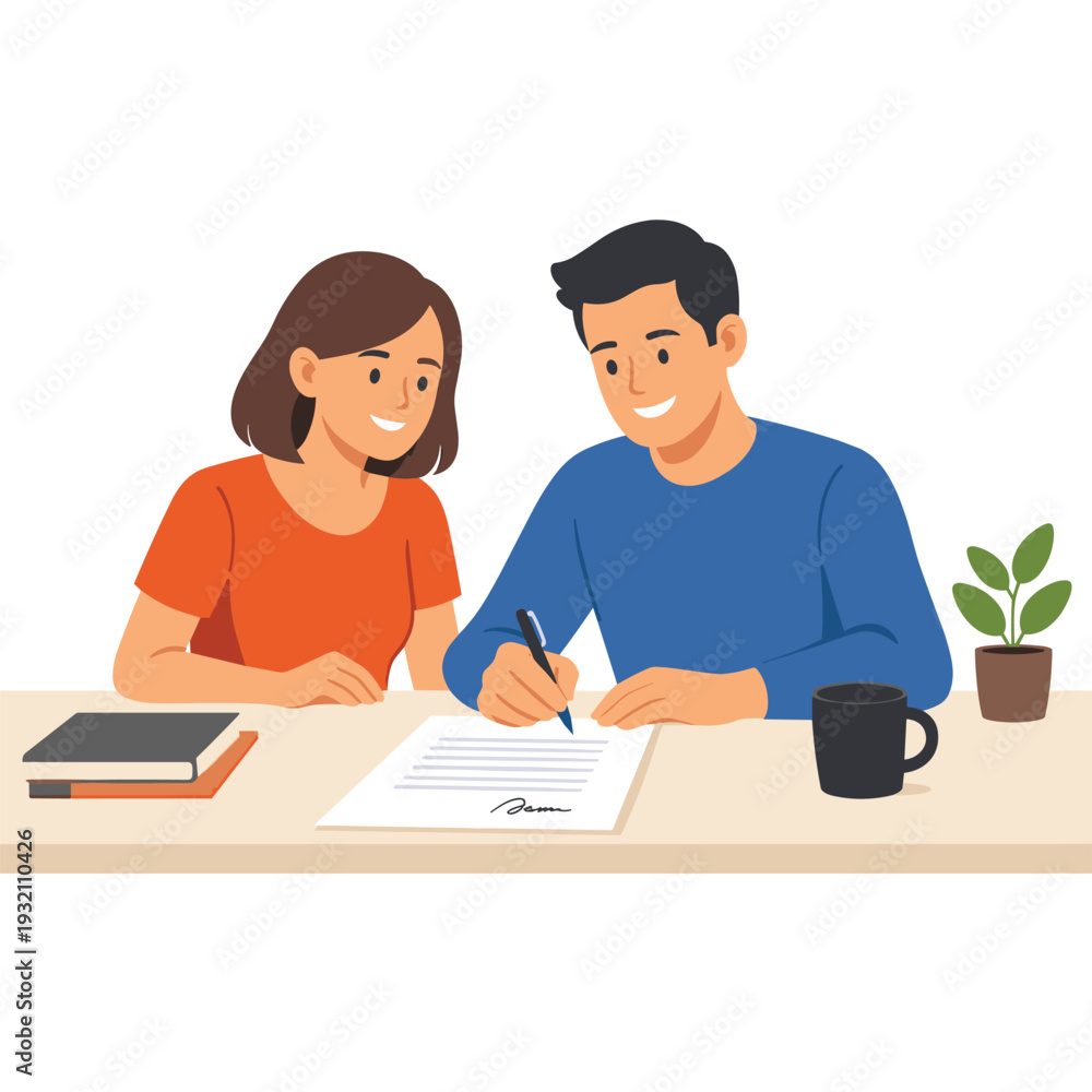 Fototapeta premium Couple signing documents at a table