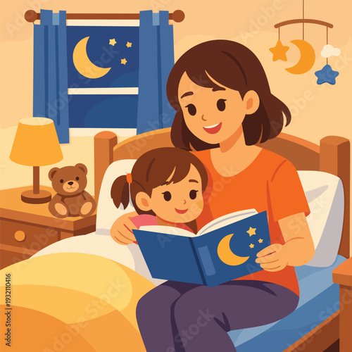 Mother and daughter enjoying story time in bed