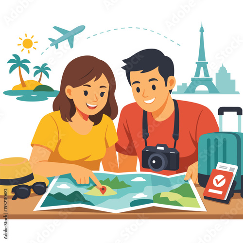 Couple planning their travel itinerary with a map