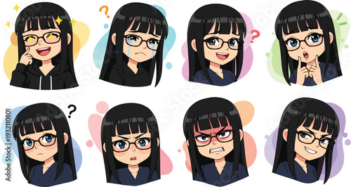 Set of 8 anime girl character expressions vector