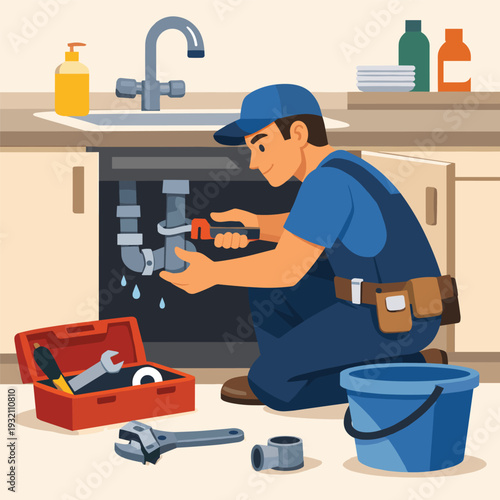 Plumber fixing pipes under the kitchen sink