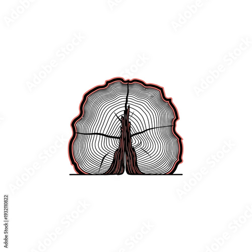Clean Black and White Redwood Cross-Section Icon with Coral Accent, Flat Style. transparent.
