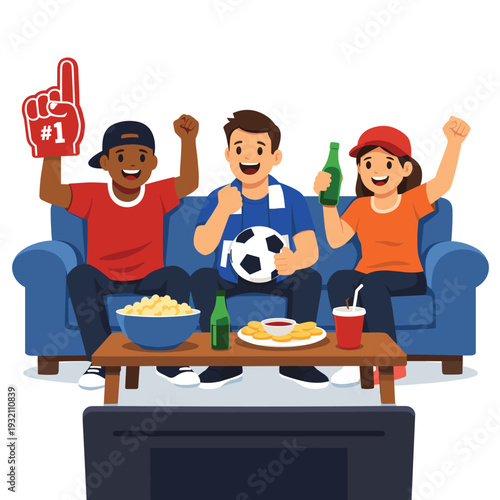 Friends cheering while watching a soccer game