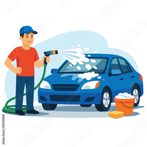 Man washing a car with a hose and bucket