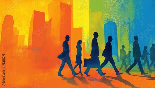 Silhouettes of Business People Walking in a Vibrant Cityscape.