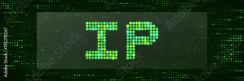 Digital IP letters on green matrix background for intellectual property protection and cybersecurity