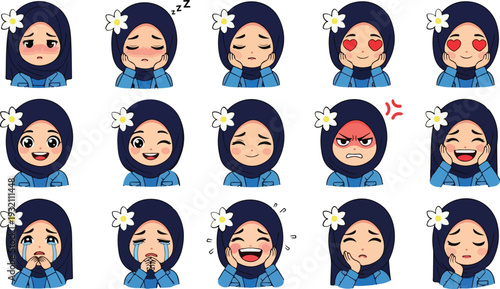 Set of 15 Cute Muslim Hijab Girl Emoticon Vector Illustrations