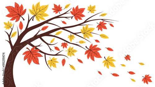 Autumn Tree Branch with Colorful Falling Leaves Vector
