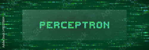 Perceptron algorithm title on green digital pixel background for AI education