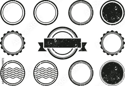 Collection of empty vintage circle stamps and grunge rubber badge frames representing quality certification warranty labels and authentic product seals,