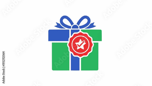 Green Gift Box with Blue Ribbon and Seal.