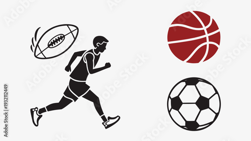 Sports Vector Icons Set with Runner, Basketball and Football Illustration