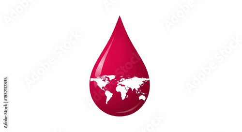 A striking red blood drop icon featuring a white world map, representing global health, universal humanitarian efforts, and the profound importance of blood donation worldwide