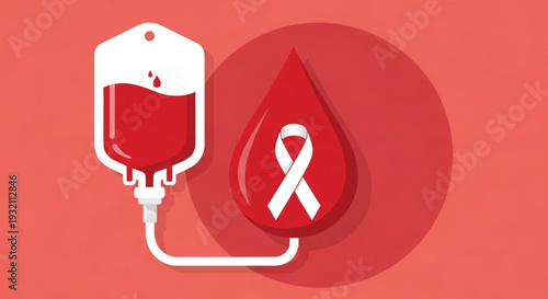 Illustration of a blood bag with a red ribbon inside a blood drop, symbolizing awareness and donation