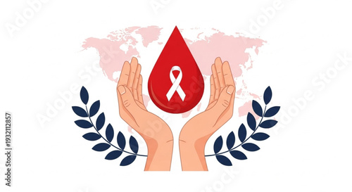 Global health awareness illustration with hands holding a blood drop and white ribbon, symbolizing support for medical causes and blood donation worldwide