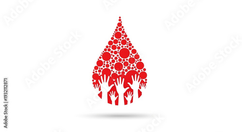 Blood drop graphic illustration with raised hands symbolizing donation and community support