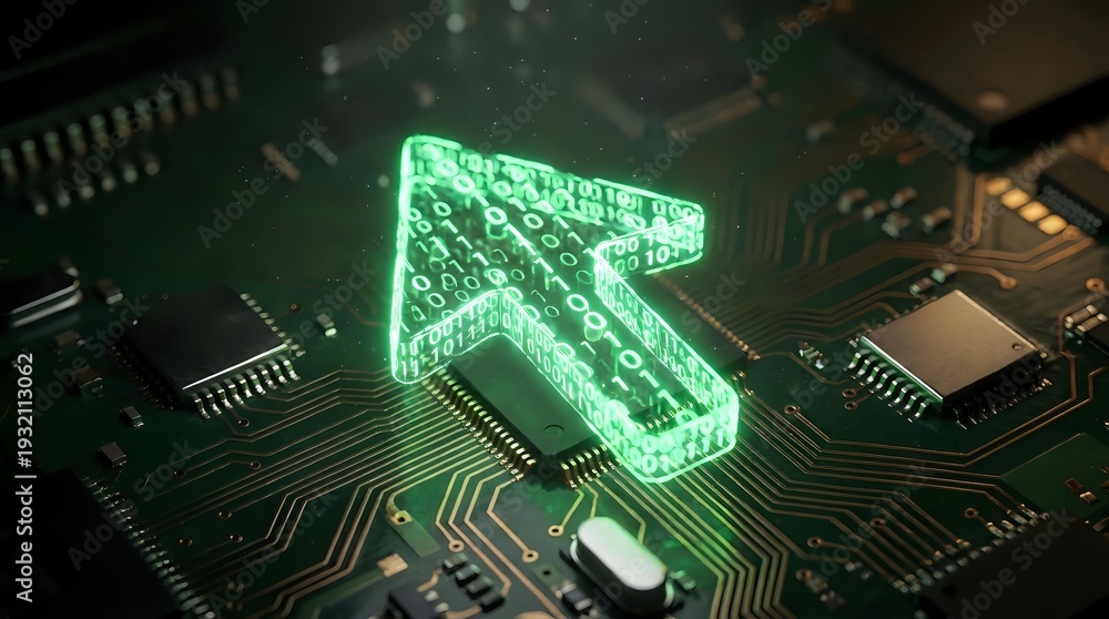 Fototapeta premium Glowing green digital arrow on computer circuit board representing technology advancement, data transfer, and electronic innovation in modern computing systems.