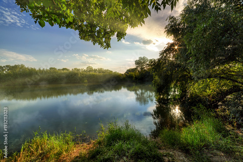 Sunny Morning River With Blue