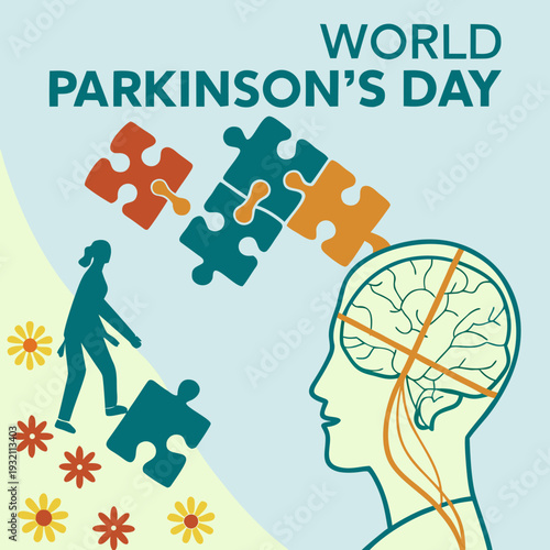 World parkinson's day with human head and brain illustration with puzzle pieces and person silhouette with flowers