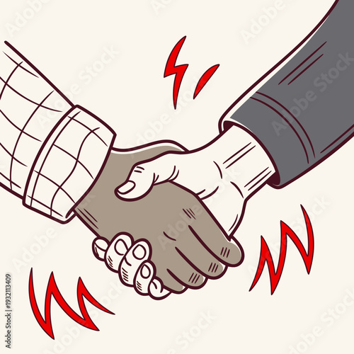 Handshake illustration with red zigzag tremor lines symbolizing the struggle and support for people living with parkinson disease and shaking hands