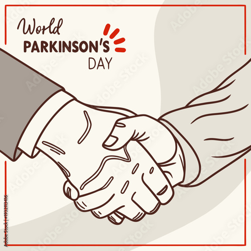 World parkinson's day awareness poster showing firm handshake between two hands to symbolize unity and medical support for neurological conditions