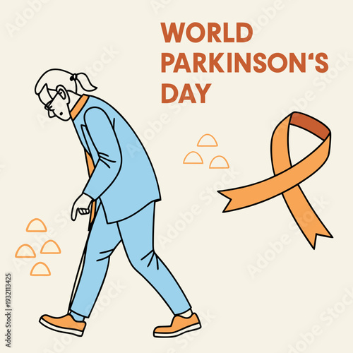 World parkinson's day poster featuring elderly person walking with stick and orange awareness ribbon symbol for neurological health support vector