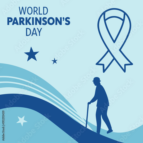 World parkinson's day with an elderly person using a cane, ribbon, and stars on a dynamic wave background