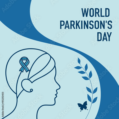 World parkinson's day, featuring a human head silhouette with an awareness ribbon inside and a butterfly with leaves