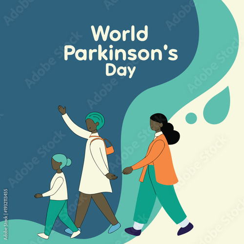 World parkinson's day with a diverse family, including a mother and two children walking together, showing support