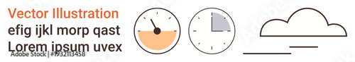 Time management, scheduling, weather forecast, graphic elements, minimalistic design, placeholder text. Two clock icons and a cloud symbol with text. Time management and scheduling concept