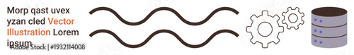 Technology, data management, cloud storage, system processing, workflow, network infrastructure. Wavy lines, cogwheels and a database server icon. Data management and cloud storage visualization