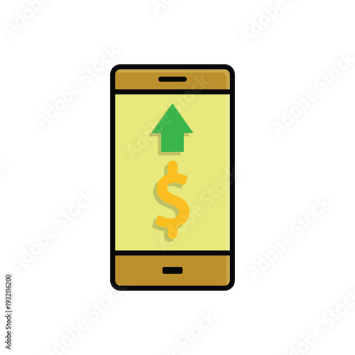 Digital payment icon. Finance. Dollar symbol on a mobile phone with an arrow. Economic, business, accounting. Isometric design style