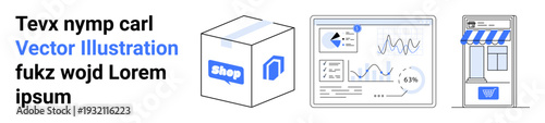 E-commerce, business analytics, online shopping, data visualization, marketing, growth. Box with shop logo, analytics dashboard and storefront. E-commerce and business analytics