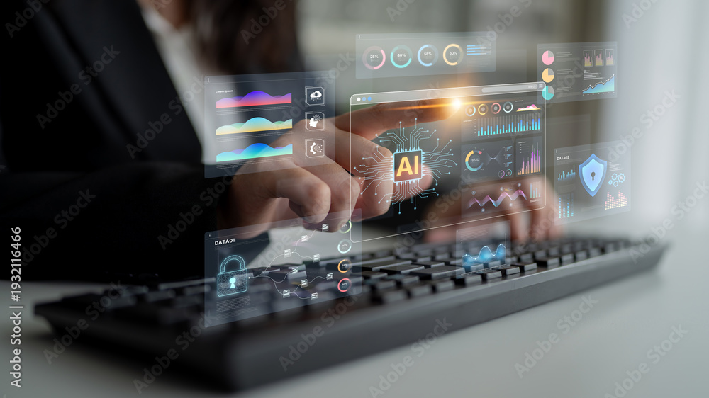 Fototapeta premium An Artificial Intelligence platform for business intelligence. The dashboard shows advanced data analytics, predictive modeling, and security monitoring through various visualizations. Fermion