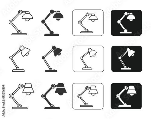 Modern Adjustable Desk Lamp Icon Set. Line and Solid Styles, Black and White Vector Collection