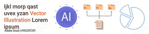 Technology, artificial intelligence, data management, file sharing, analytics, automation. Circular AI icon, folder hierarchy documents and pie chart. Artificial intelligence and data management