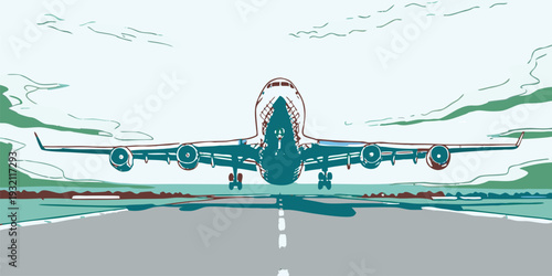 Stylized graphic illustration of a commercial airplane facing forward on a tarmac runway for transportation