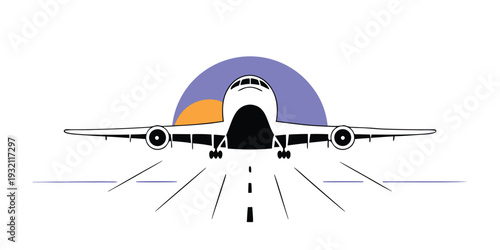 Minimalist flat illustration of a passenger airplane facing forward on an airport runway at sunrise