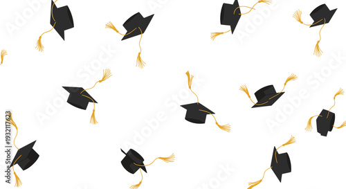 Multiple black graduation caps with yellow tassels are scattered and falling across a clean white background in a dynamic pattern.