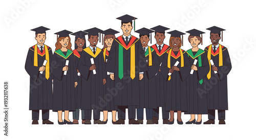 A diverse group of ten smiling graduates in black caps and gowns with colored stoles hold diplomas on a white background.