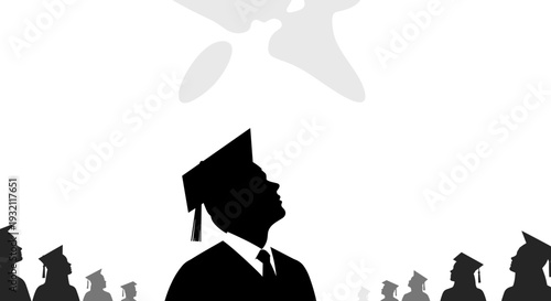 A prominent graduate silhouette in a cap and gown looks up towards an abstract shape, with other graduates in the background against a white canvas.