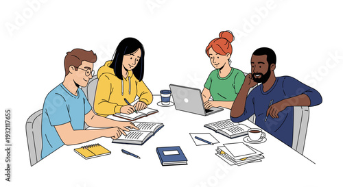 Four diverse young adults, two men and two women, are seated around a white table, actively engaged in a collaborative study session with books and a laptop.